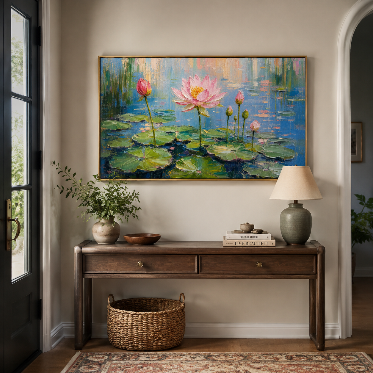 Blush Lotus Morning – Pink Impressionist Pond Painting