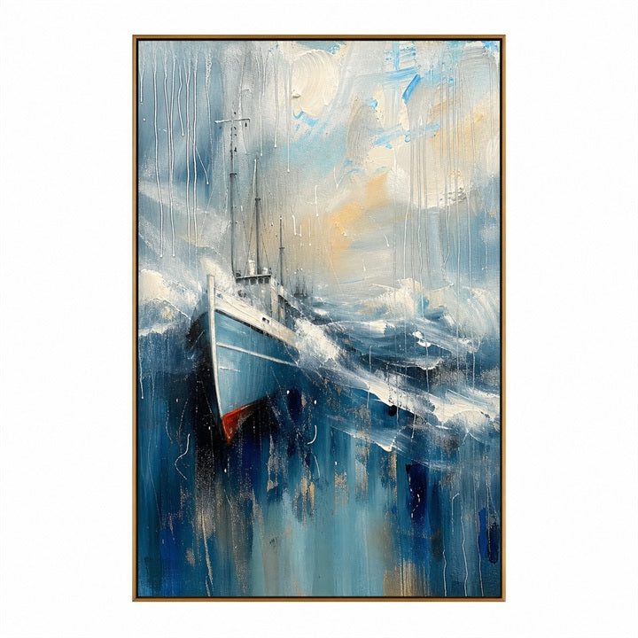 Stormbound Harbor – Blue Abstract Fishing Boat Painting