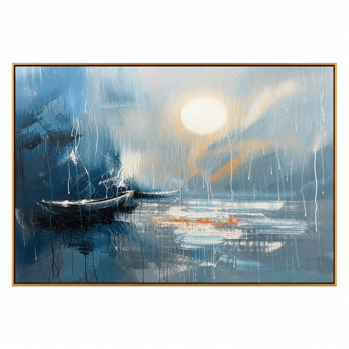 Moonlit Blue Harbor – Abstract Boat Seascape Painting
