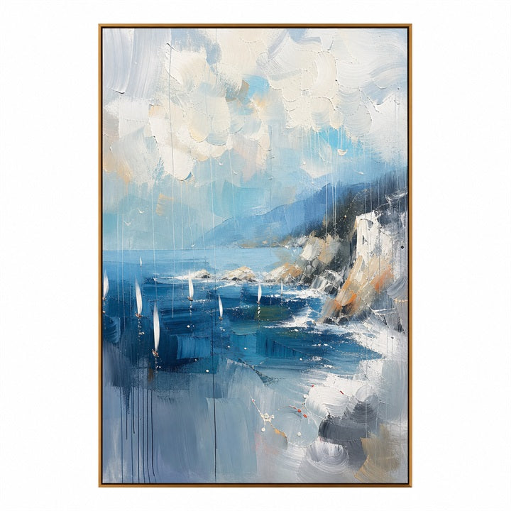 Blue Coastal Harbor – Abstract Sailboat Seascape Painting