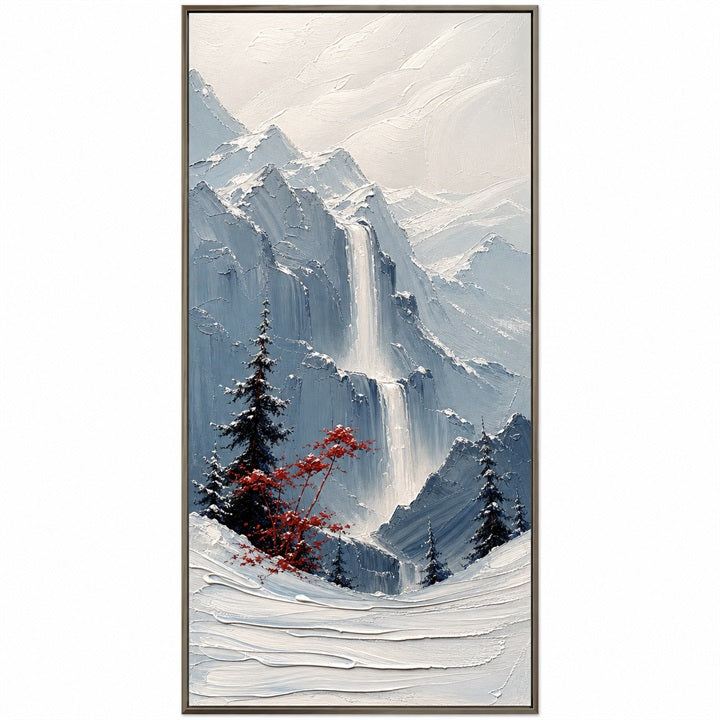 Crimson Alpine Falls – Textured Winter Mountain Waterfall Painting