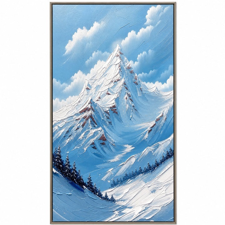Crimson Summit – Blue Textured Snow Mountain Painting