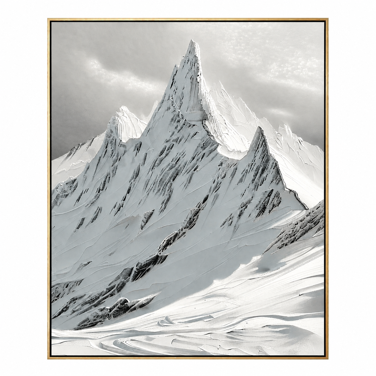 Monochrome Alpine Peak – Black and White Textured Mountain Painting