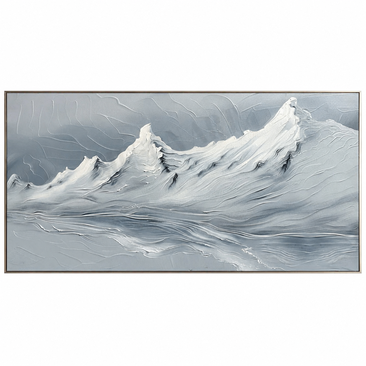 Silver Alpine Reflection – Textured Blue Mountain Landscape Painting