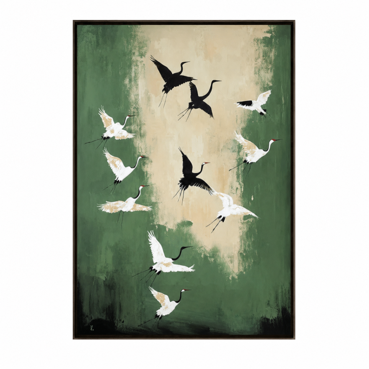 Flying Cranes Green Nature Painting