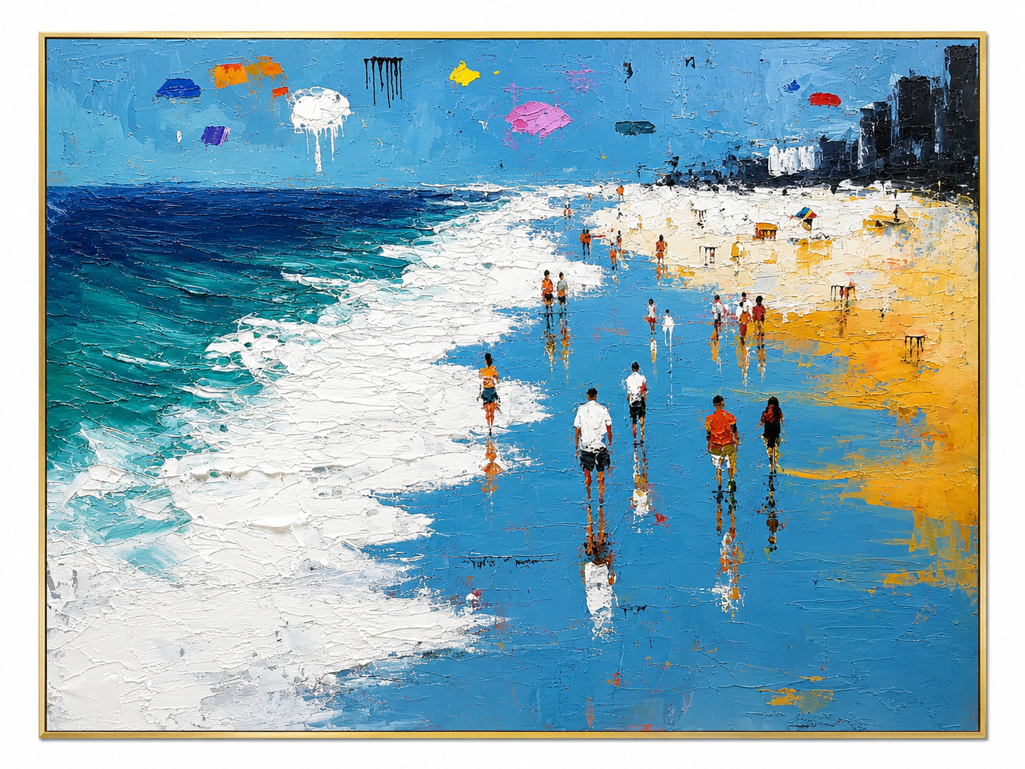 Sunny Beach Walk – Blue Textured Coastal Seascape Painting