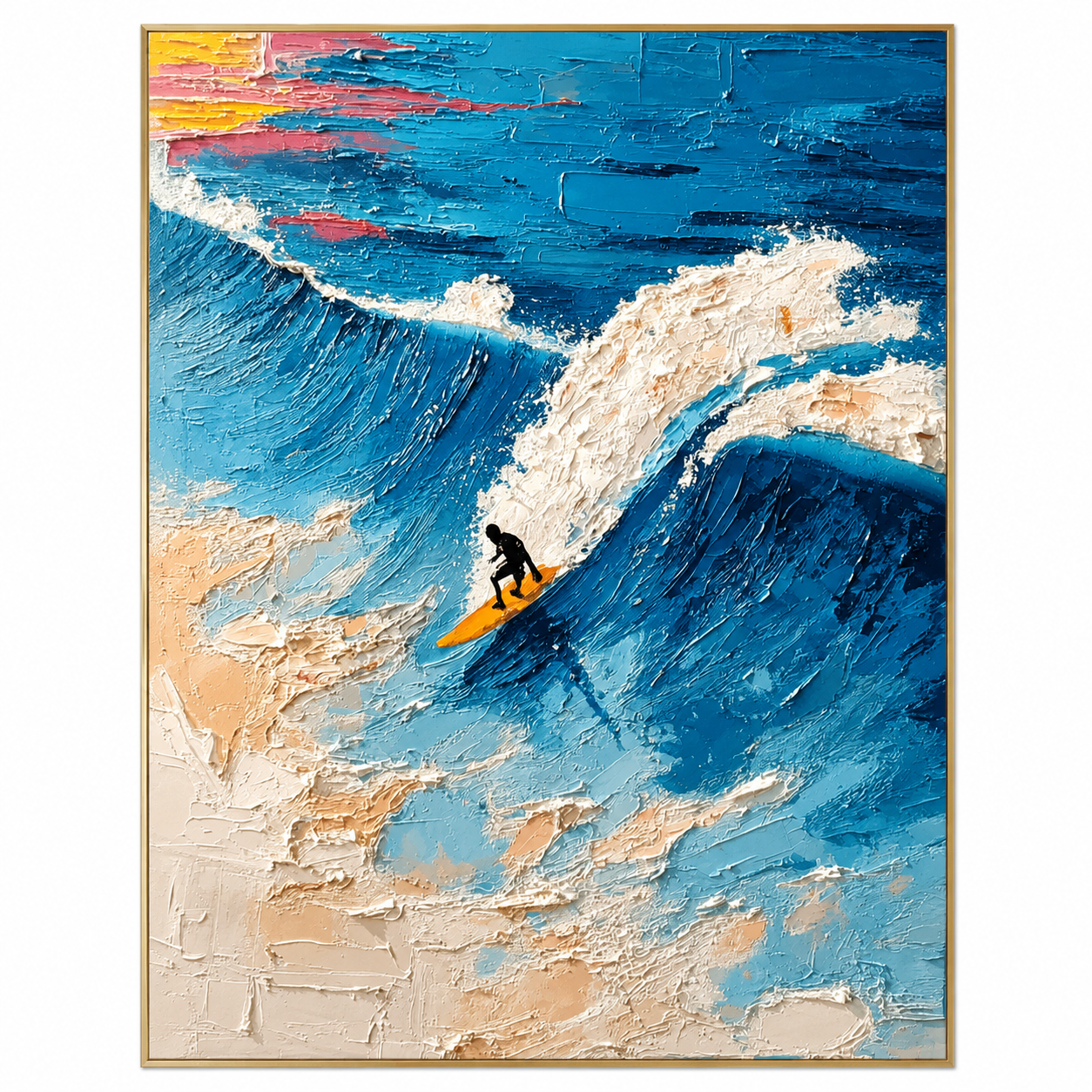 Riding the Blue Wave – Textured Ocean Surfing Painting