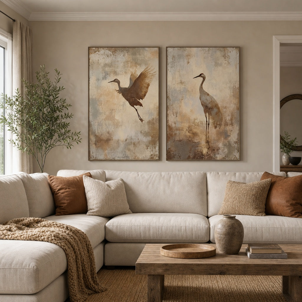Flying Cranes Vintage Nature Painting