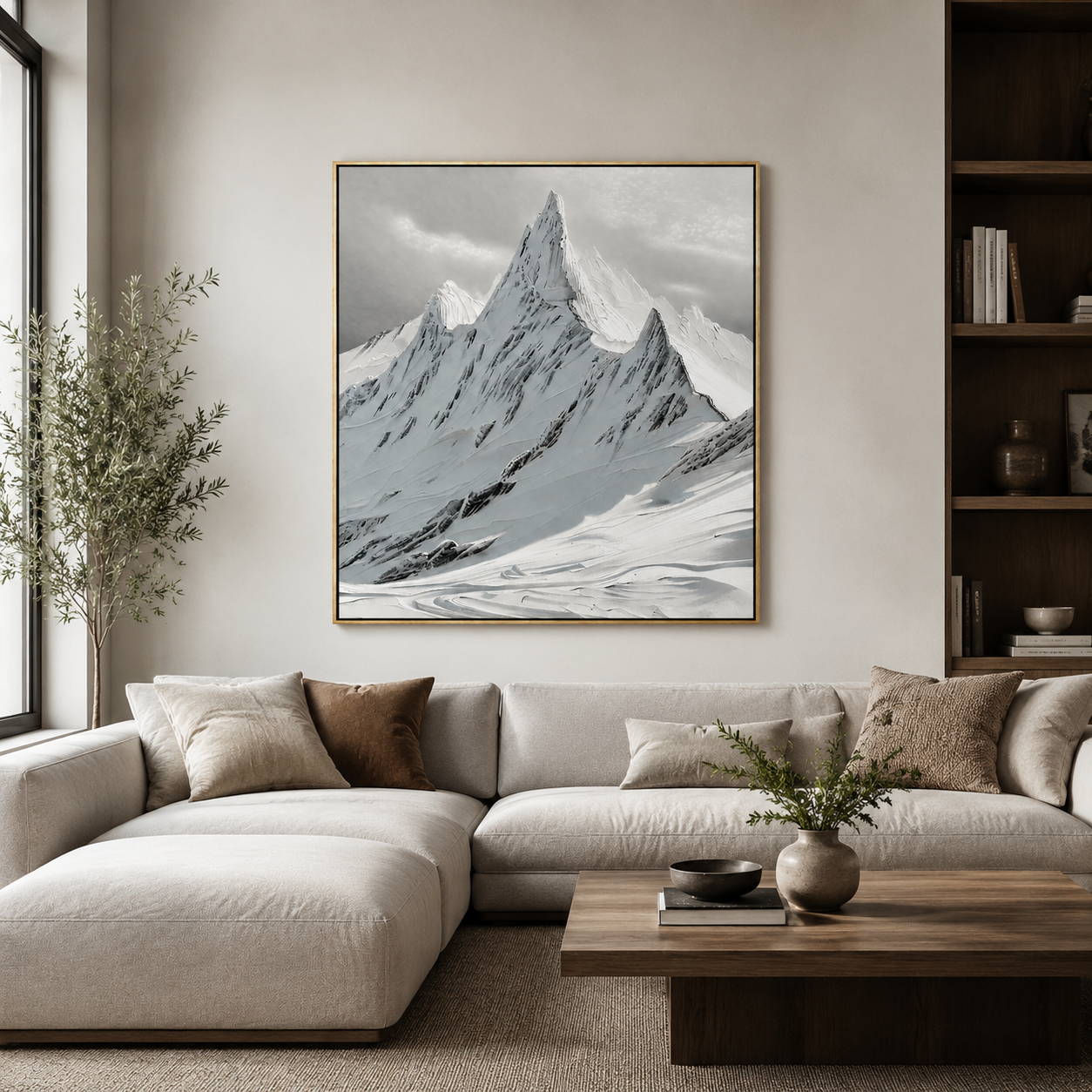Monochrome Alpine Peak – Black and White Textured Mountain Painting