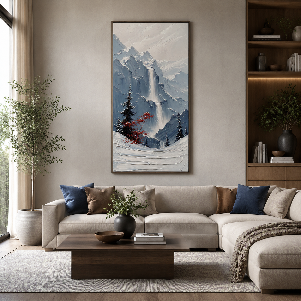Crimson Alpine Falls – Textured Winter Mountain Waterfall Painting