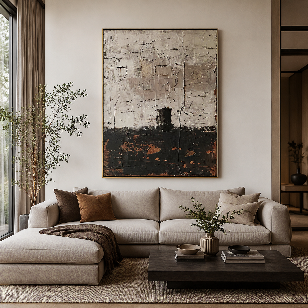 Weathered Silence – Neutral Black and Beige Abstract Textured Painting