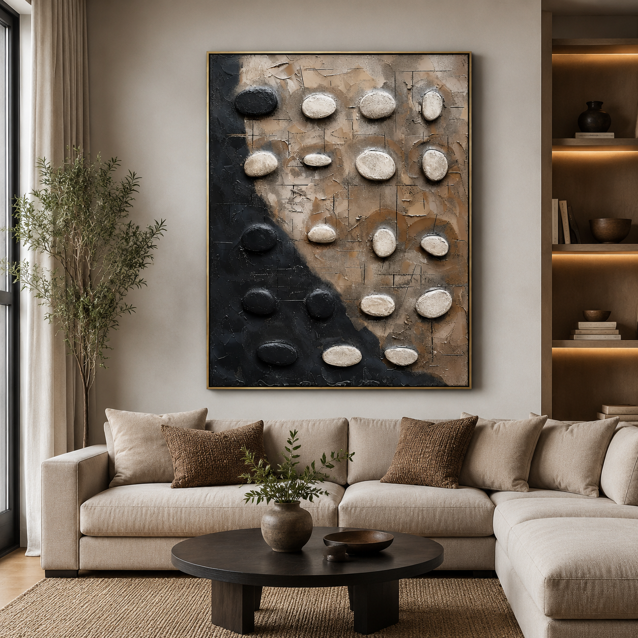 Stone Balance – Black and Beige Textured Abstract Painting