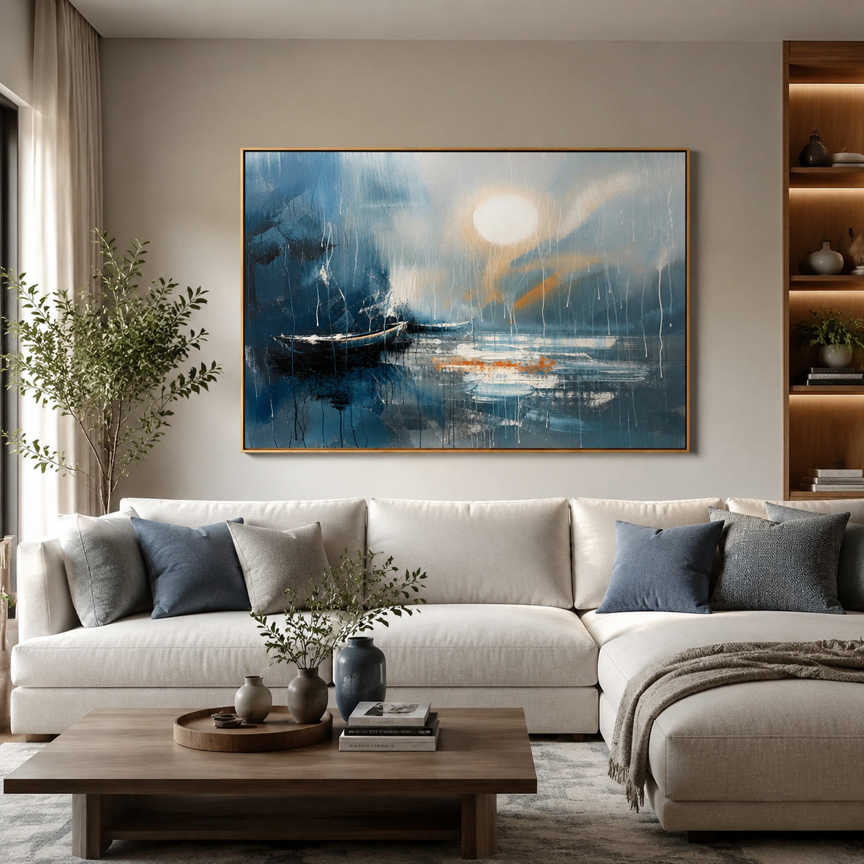 Moonlit Blue Harbor – Abstract Boat Seascape Painting