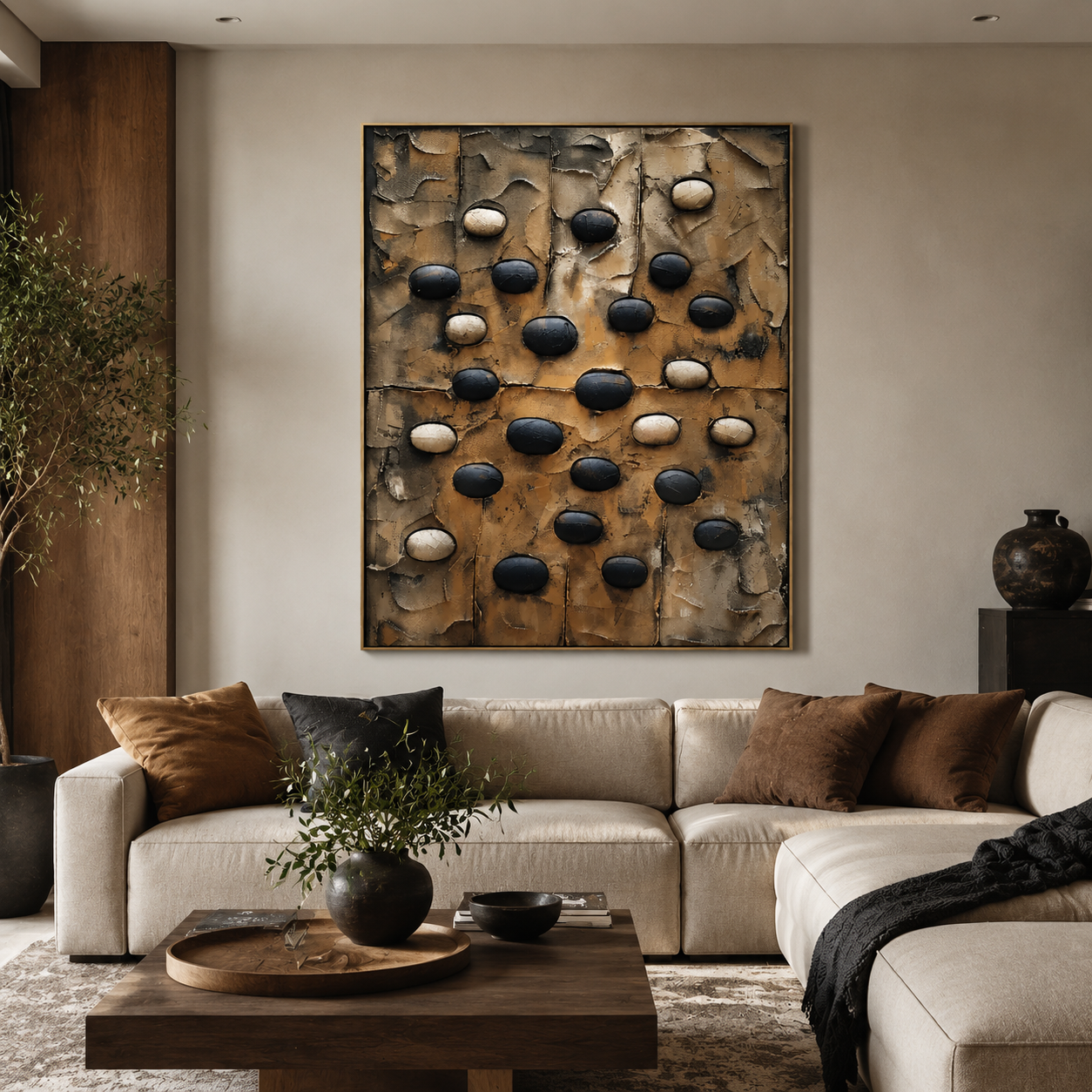 Earthen Pebble Rhythm – Black and Beige Textured Abstract PaintingEarthen Pebble Rhythm – Black and Beige Textured Abstract Painting