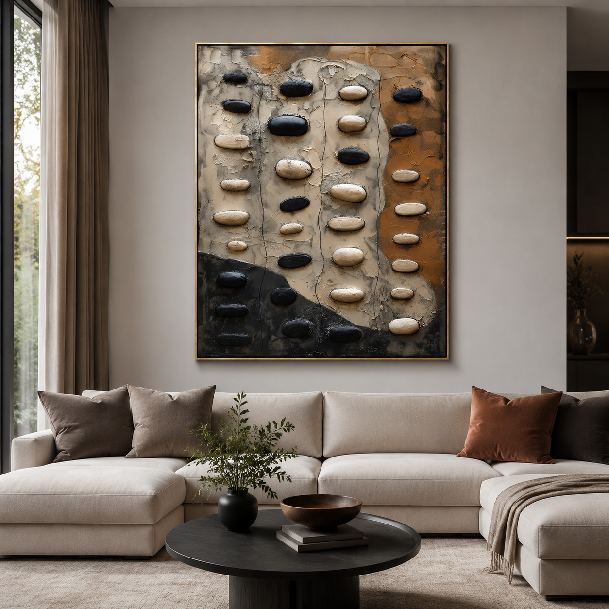 River Stone Path – Black and Beige Textured Abstract Painting