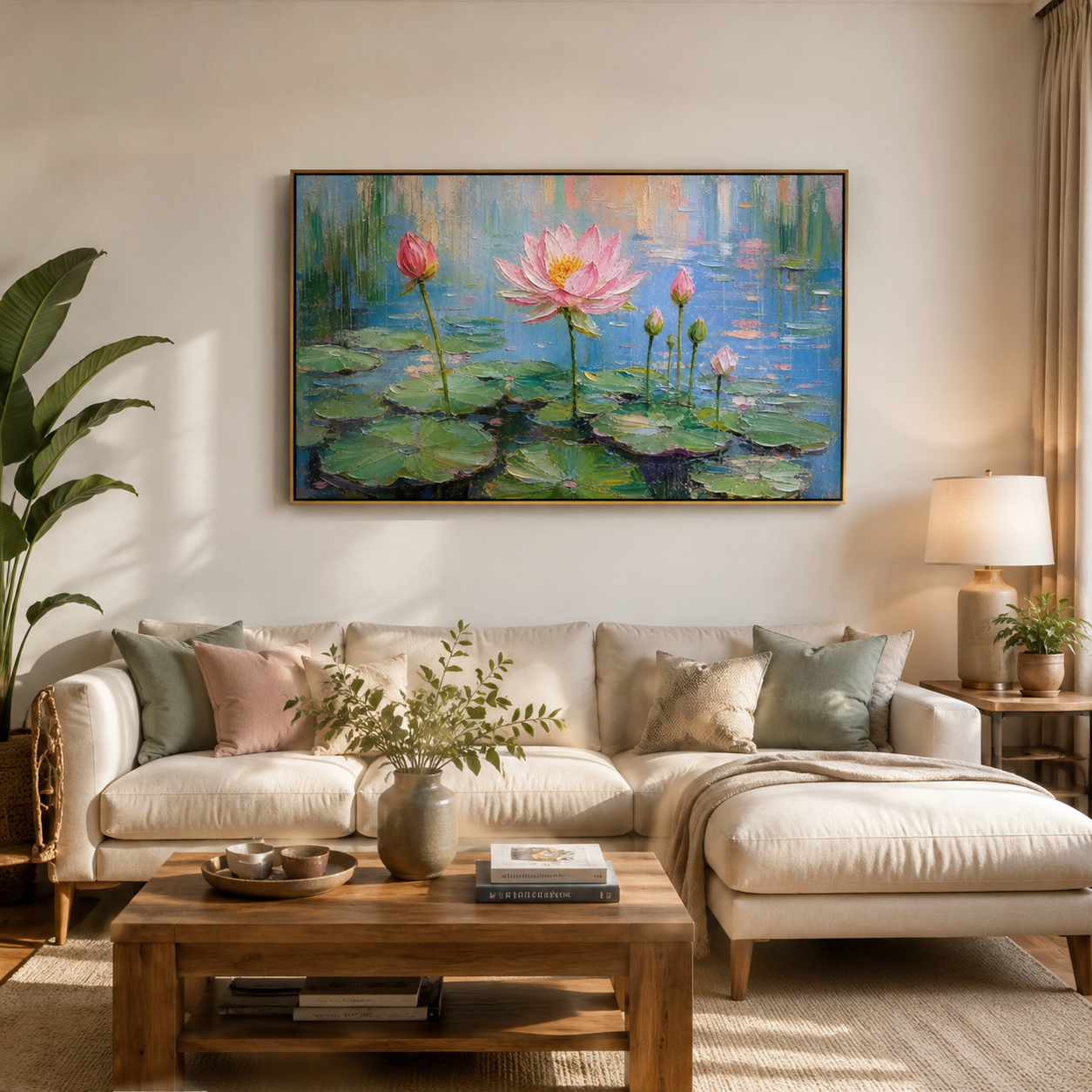 Blush Lotus Morning – Pink Impressionist Pond Painting