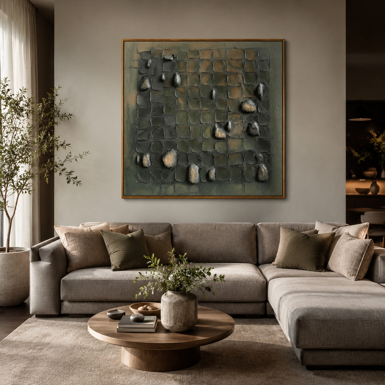 Weathered Stone Grid – Olive Gray Textured Abstract Painting