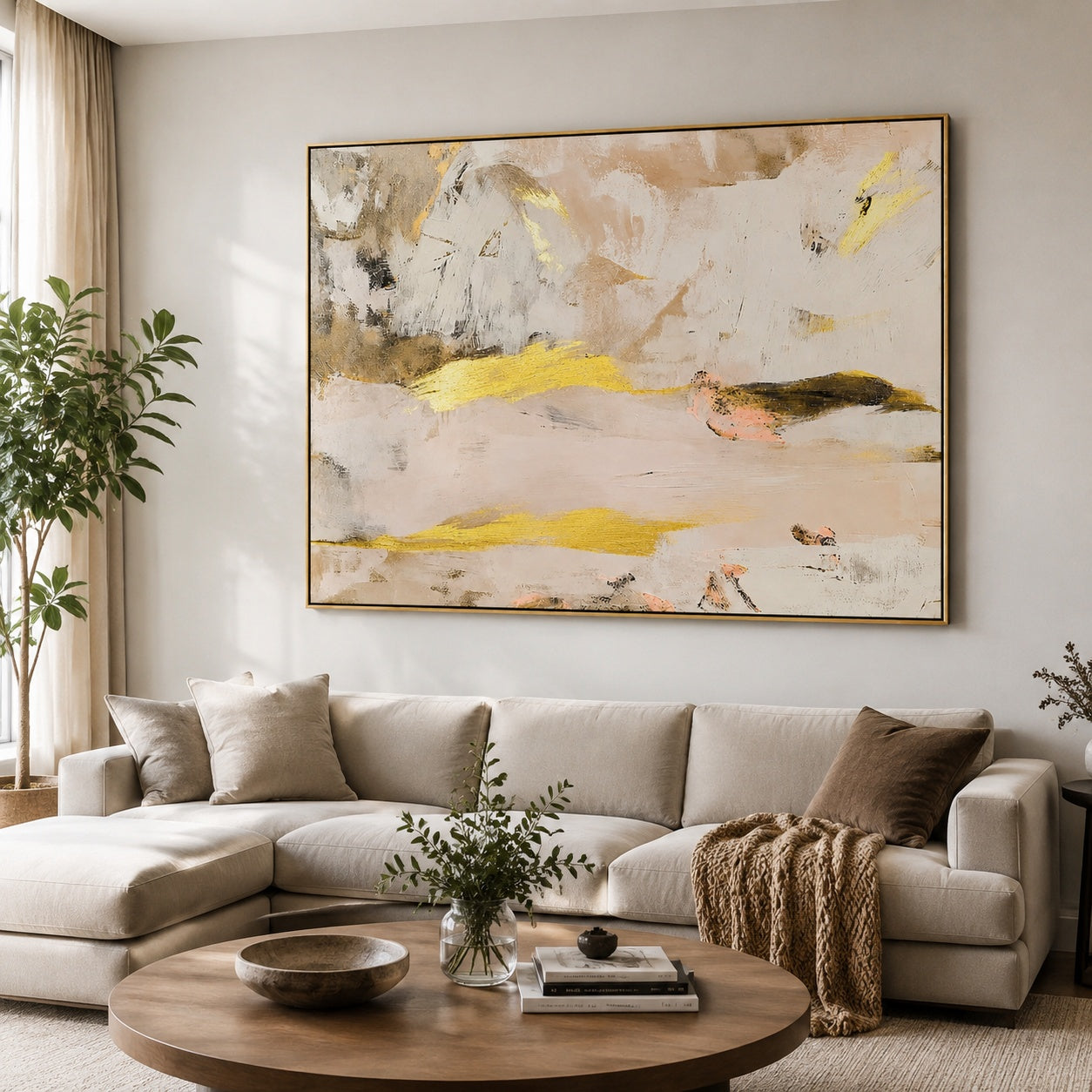 Golden Mist Harmony – Neutral Gold Abstract Textured Painting