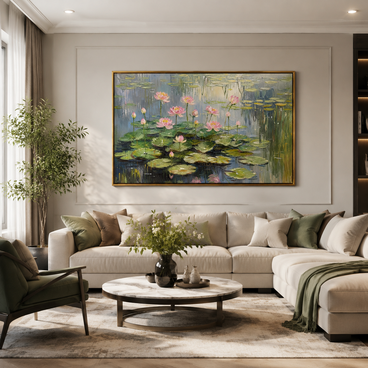 Pink Lotus Reflections – Impressionist Pond Landscape Painting