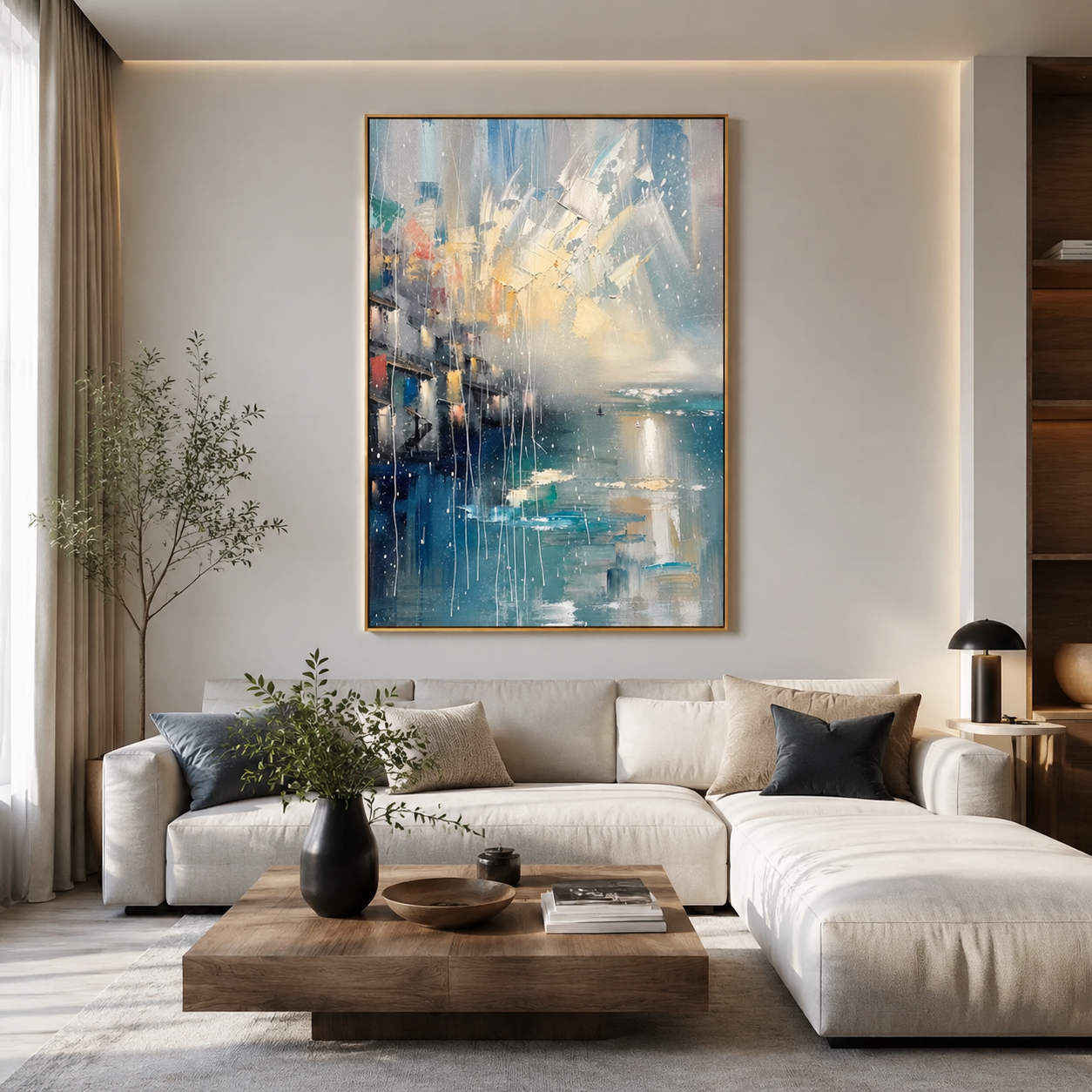 Coastal City Light – Blue Abstract Seascape Painting