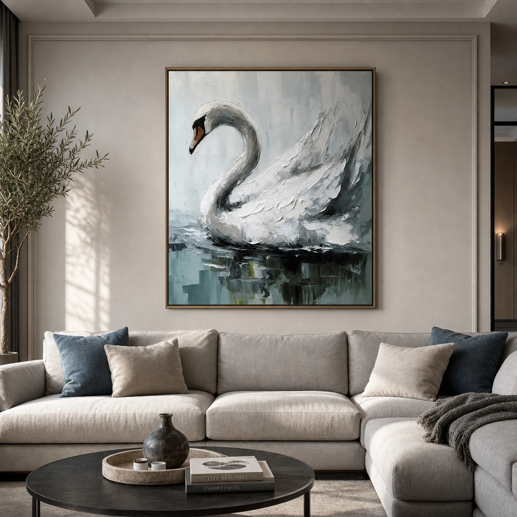 White Swan Lake Textured Painting