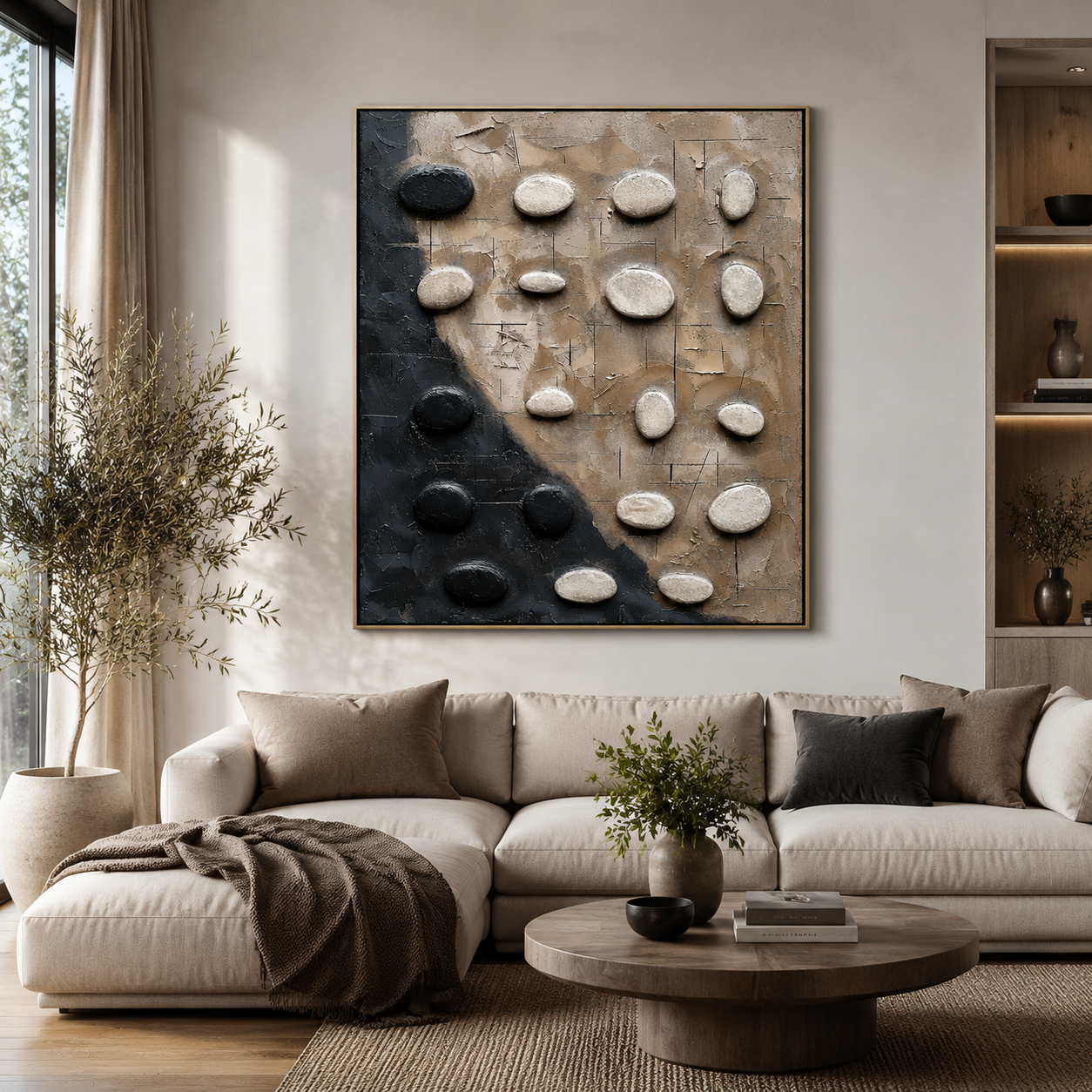 Zen Stone Balance – Black and Beige Textured Abstract Painting