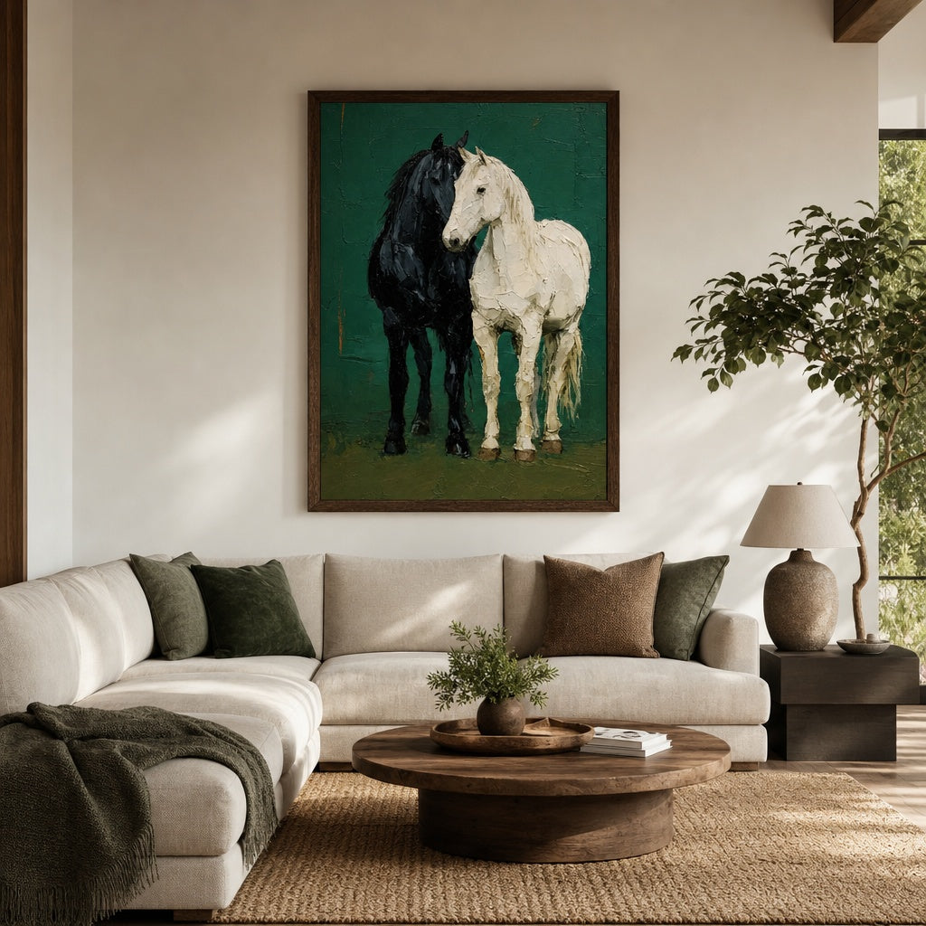 Black and White Horse Couple Textured Painting