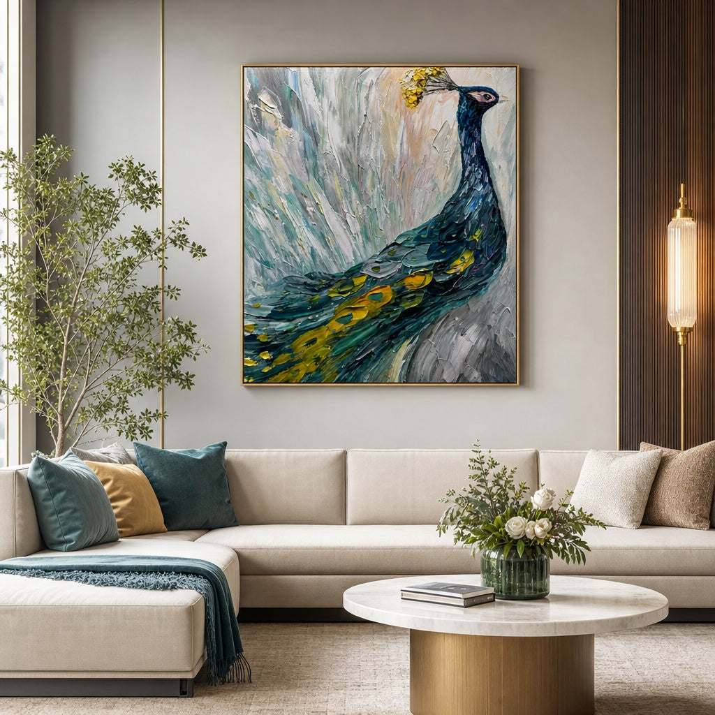Blue Peacock Textured Bird Painting