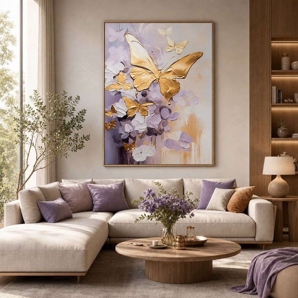 Golden Butterfly Floral Abstract Painting