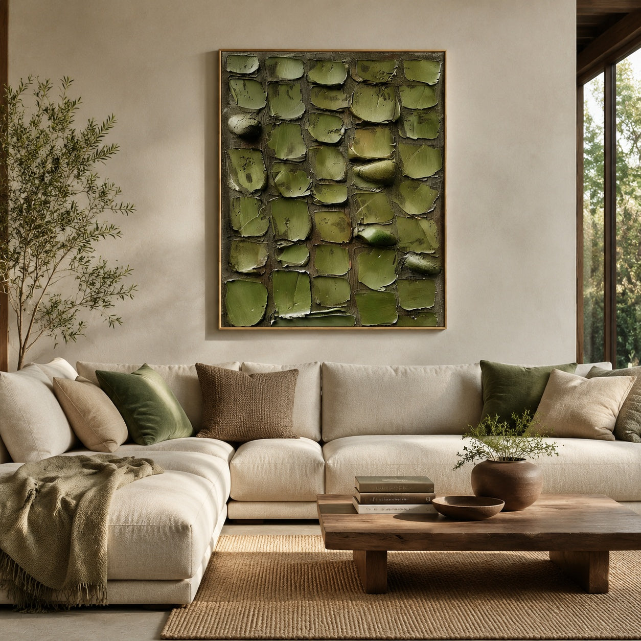 Olive Stone Mosaic – Green Textured Abstract Painting