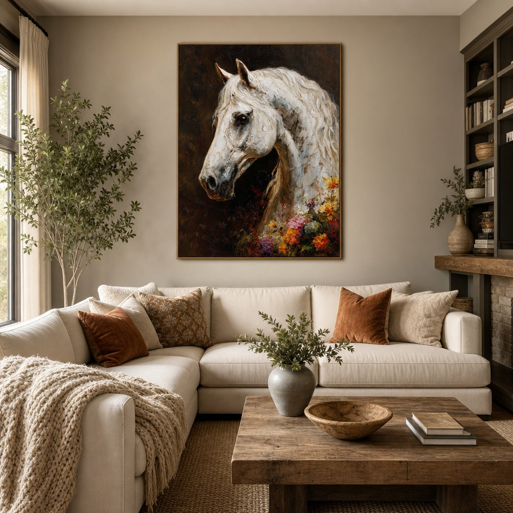 White Horse Floral Portrait Painting