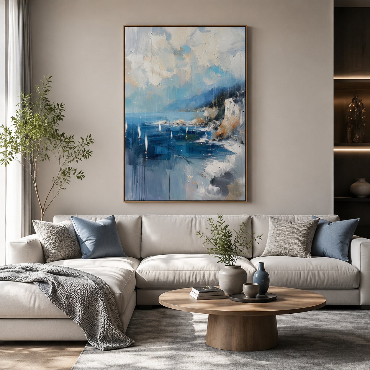 Blue Coastal Harbor – Abstract Sailboat Seascape Painting