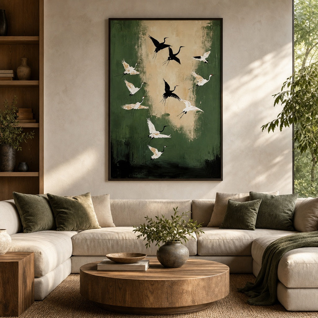 Flying Cranes Nature Landscape Painting