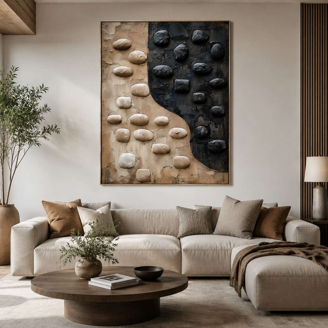 Yin Yang Stone Balance – Black and Beige Textured Abstract Painting