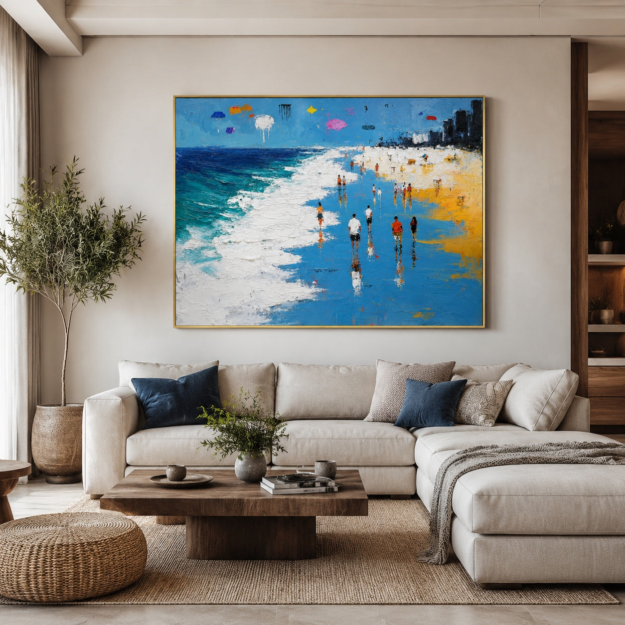 Sunny Beach Walk – Blue Textured Coastal Seascape Painting