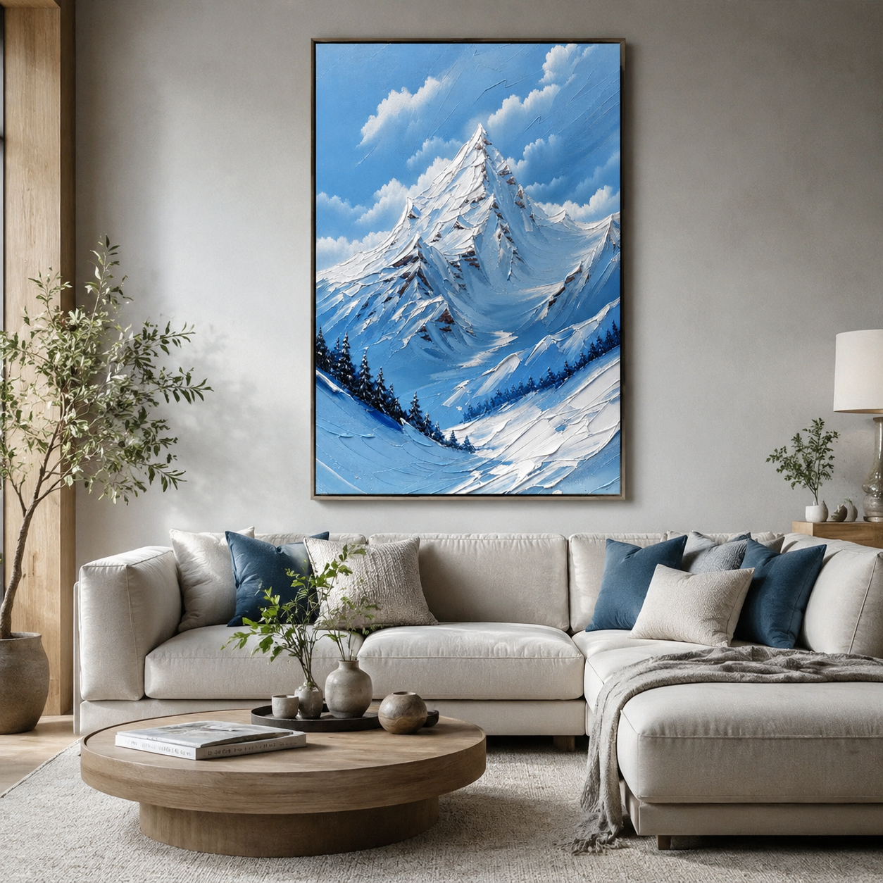 Crimson Summit – Blue Textured Snow Mountain Painting