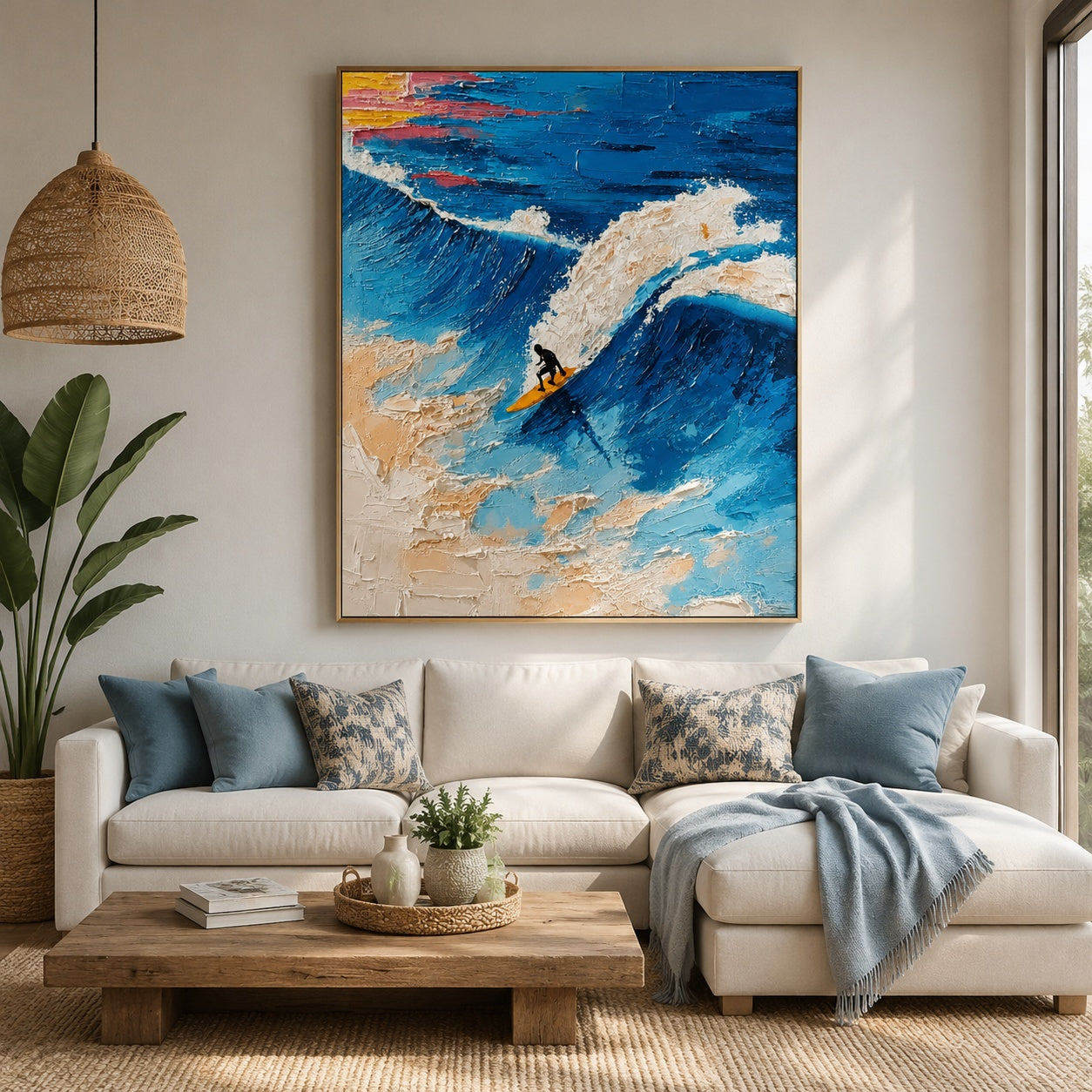 Riding the Blue Wave – Textured Ocean Surfing Painting