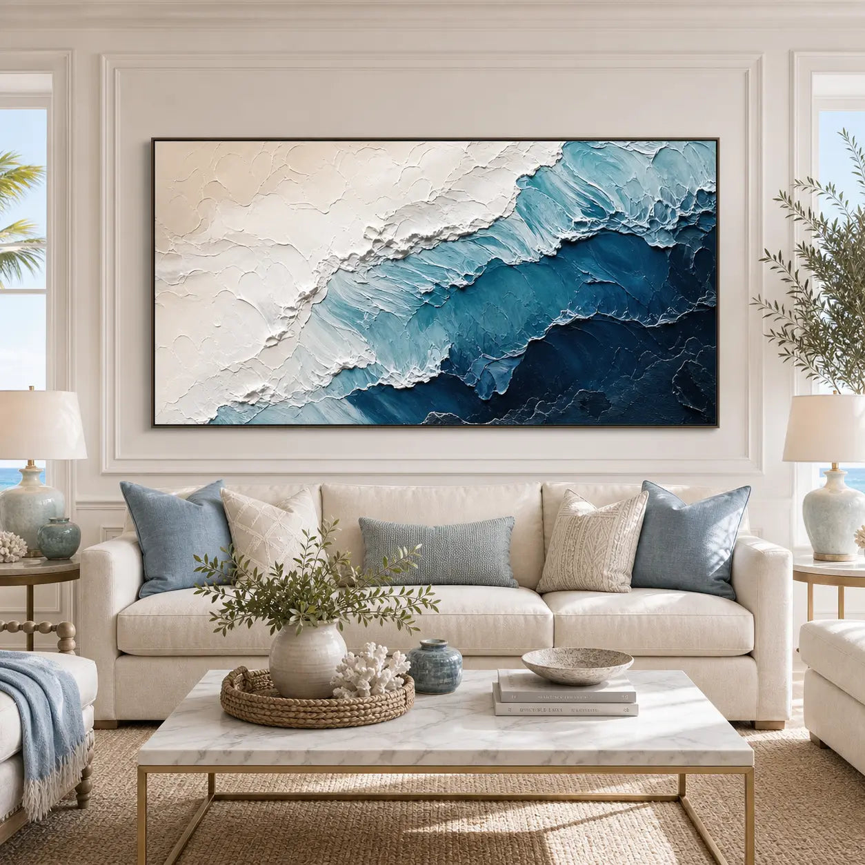 Azure Tide Relief - Hand-Painted Textured Ocean Wave Wall Art, Large Coastal Blue Abstract Canvas Painting for Living Room