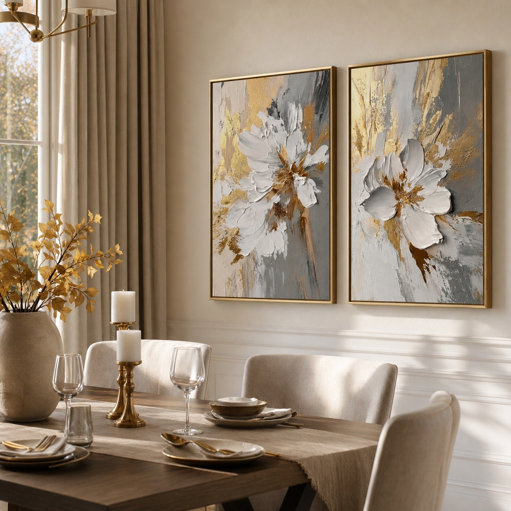 Golden White Blossom Diptych