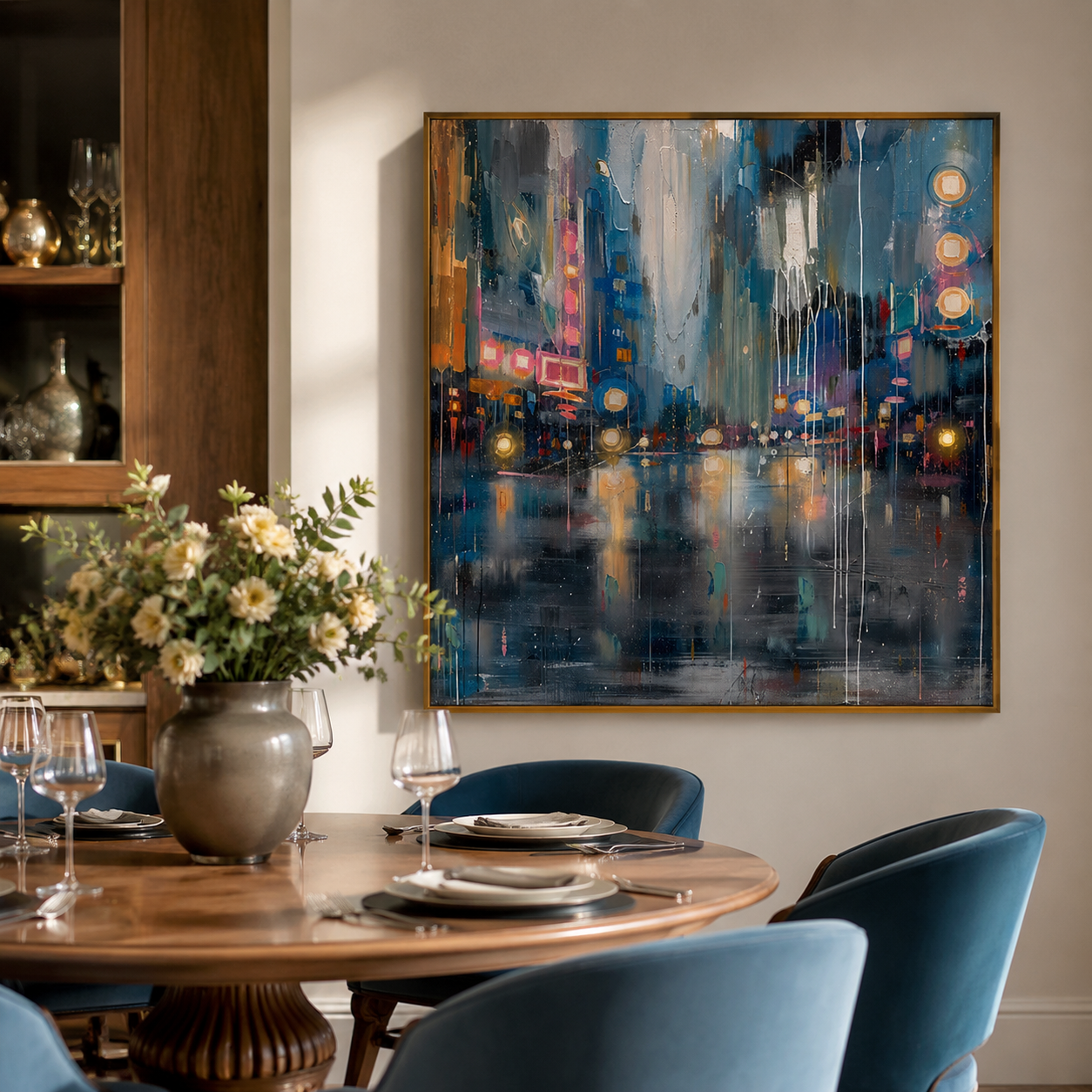 City Lights in the Rain – Blue Abstract Cityscape Painting