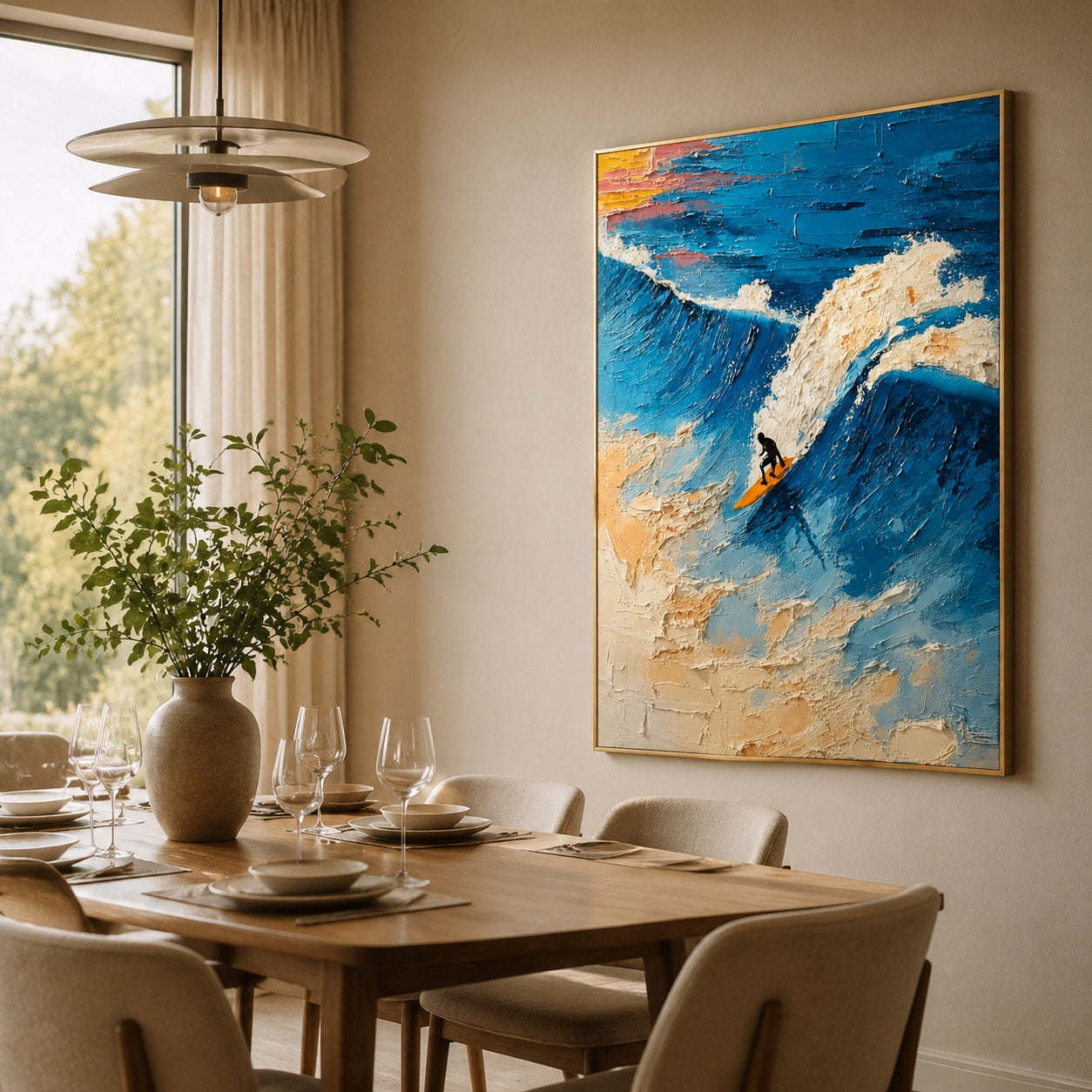 Riding the Blue Wave – Textured Ocean Surfing Painting