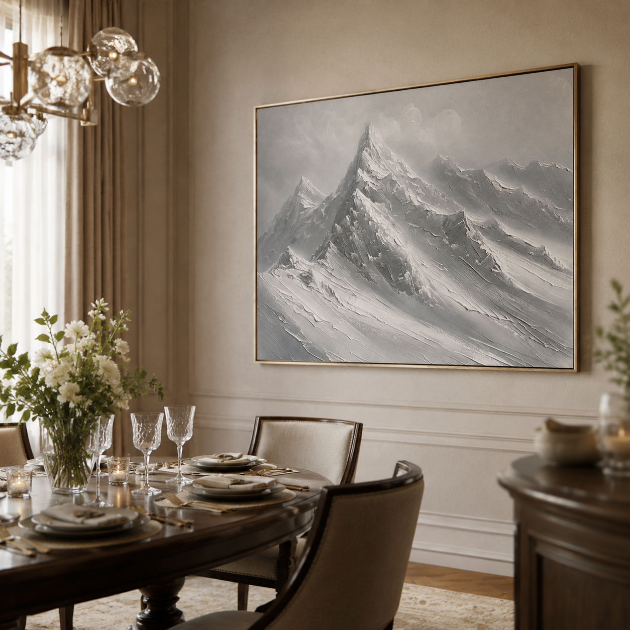 Silver Mountain Majesty – Gray Textured Snowy Peak Painting