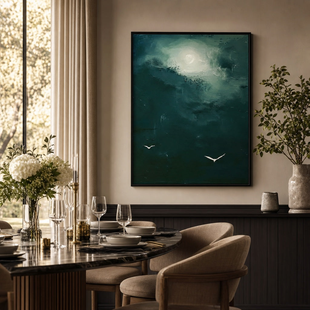 Moonlight Ocean Birds Abstract Painting