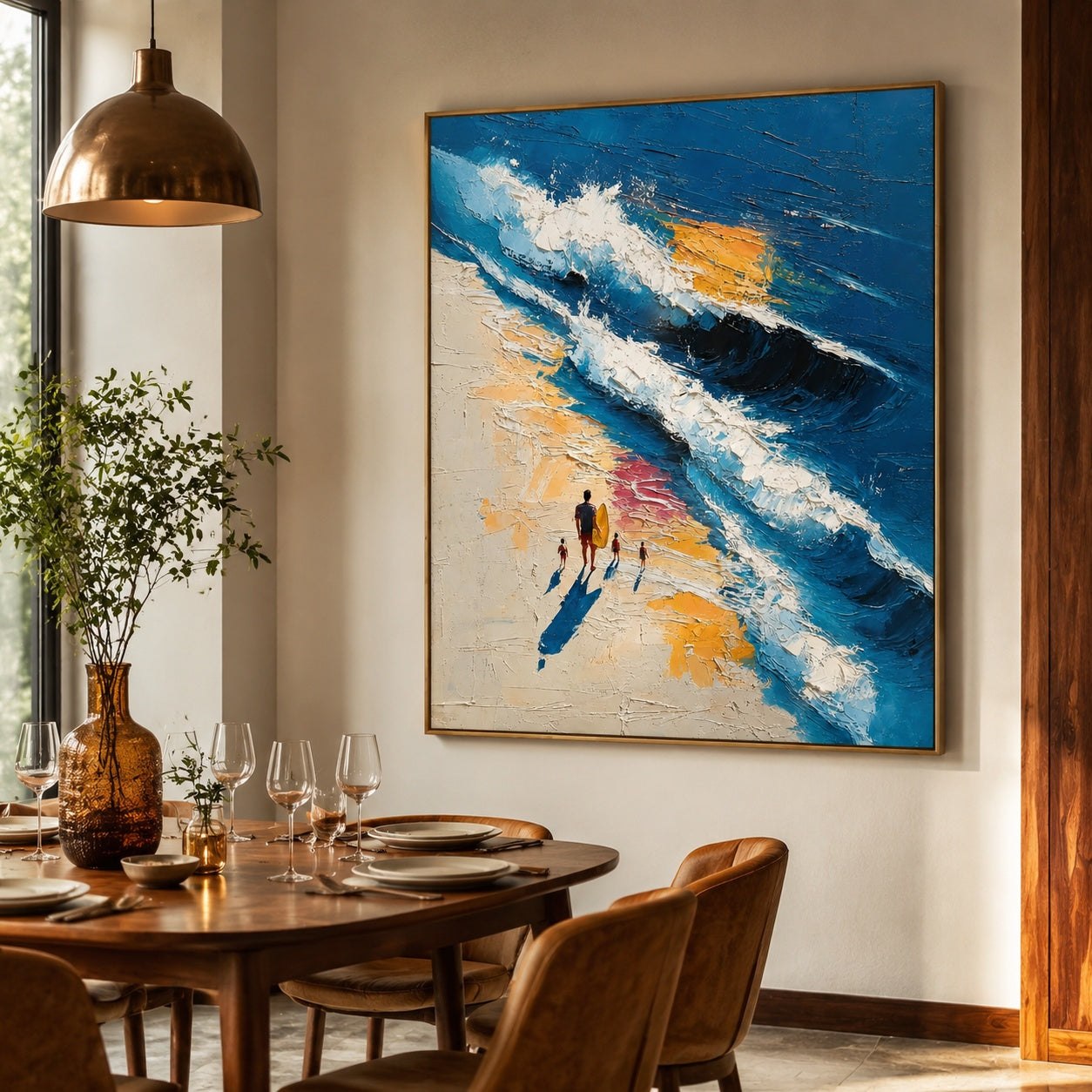 Surfside Family Walk – Blue Textured Ocean Beach Painting