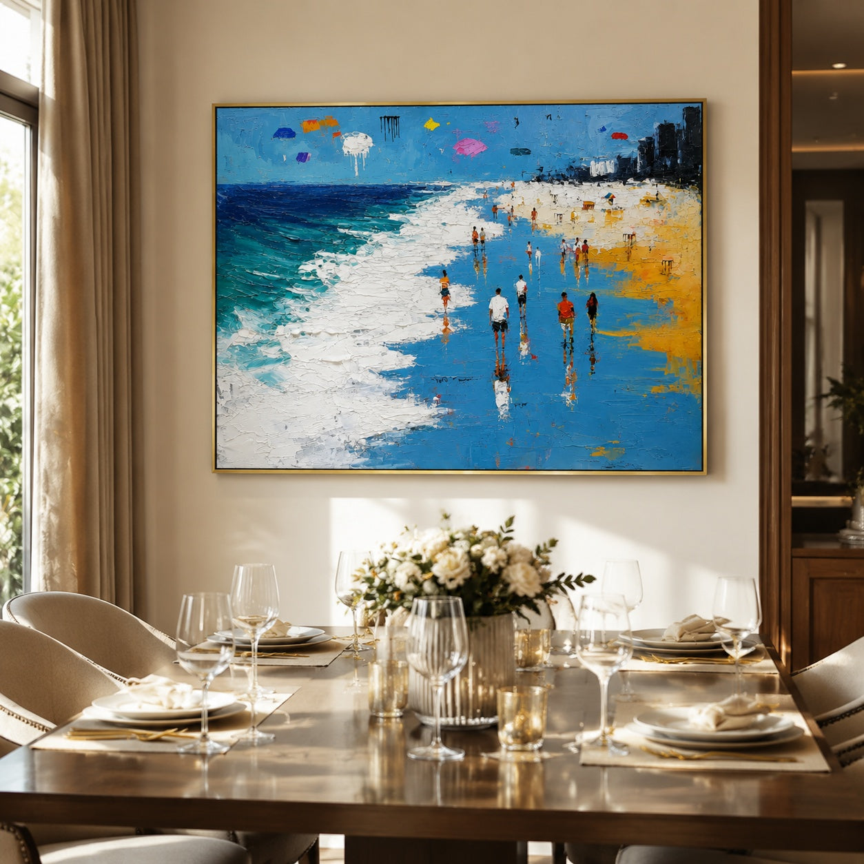 Sunny Beach Walk – Blue Textured Coastal Seascape Painting