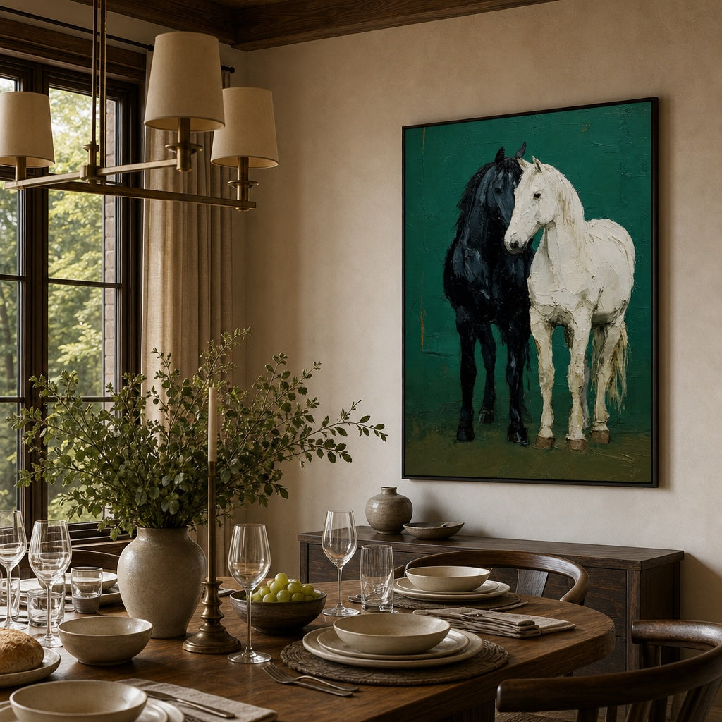 Black and White Horse Couple Textured Painting
