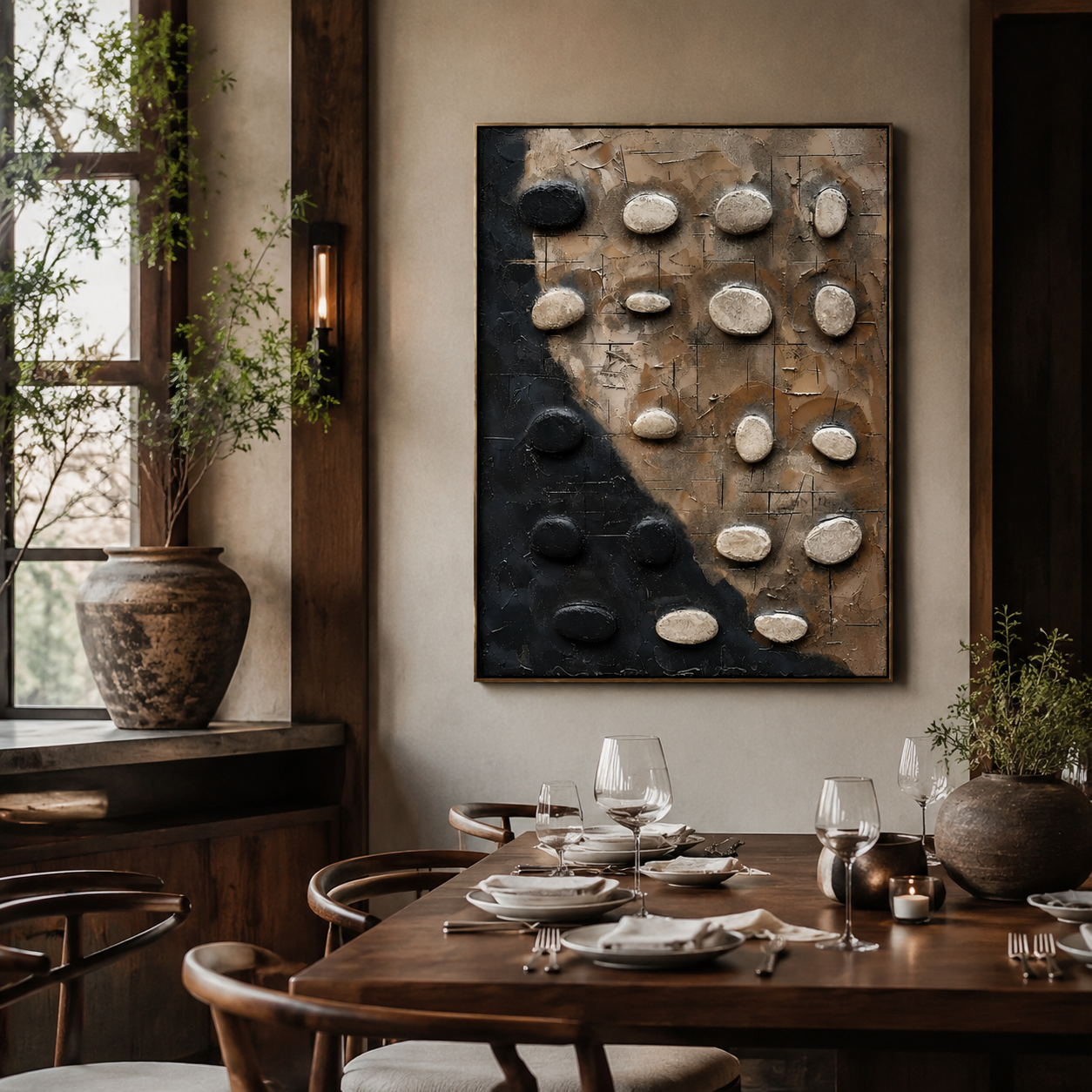 Stone Balance – Black and Beige Textured Abstract Painting