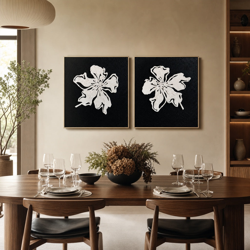 Black White Floral Relief Diptych
