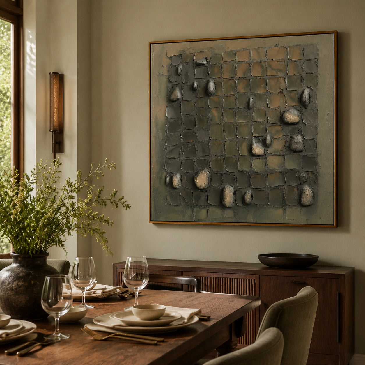 Weathered Stone Grid – Olive Gray Textured Abstract Painting