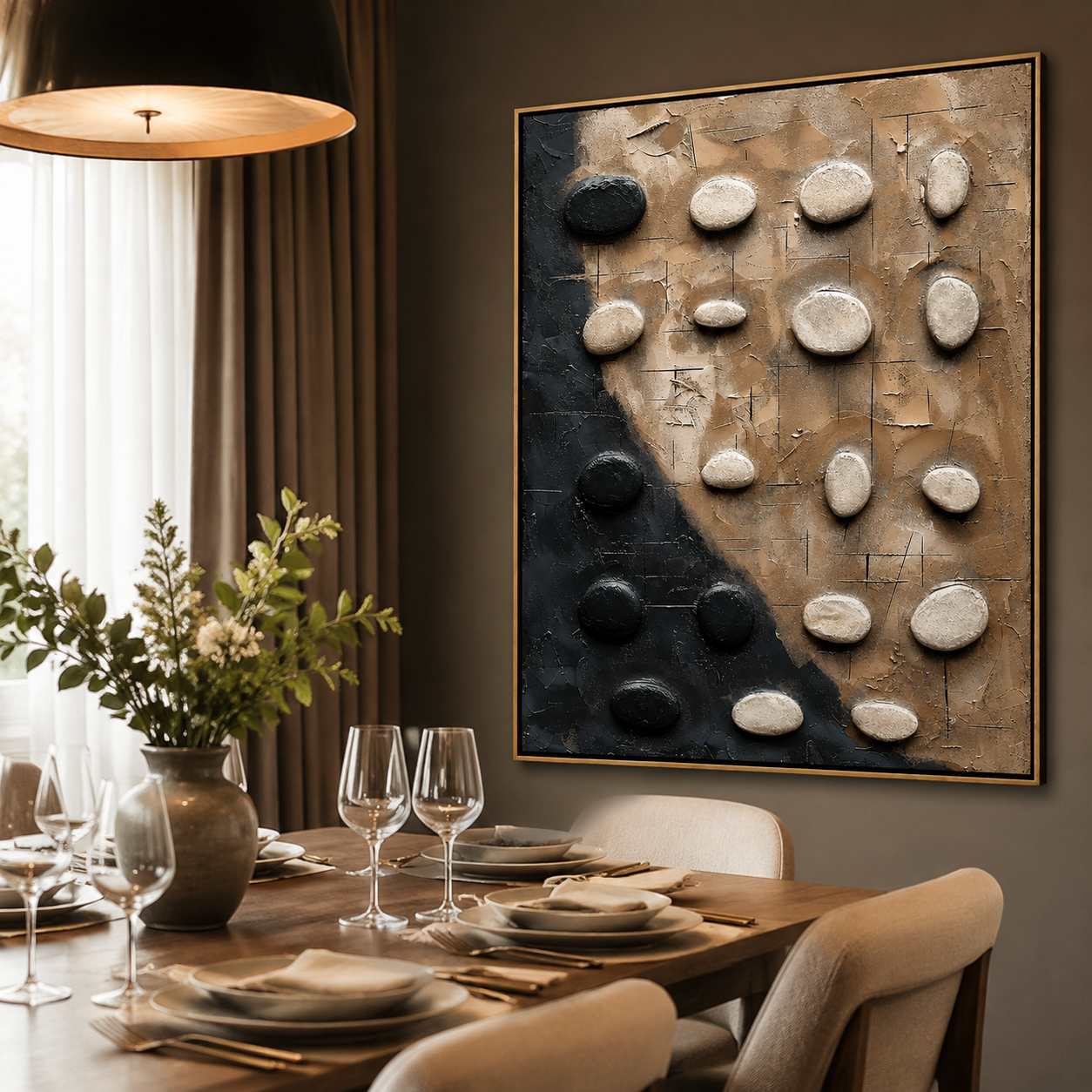 Zen Stone Balance – Black and Beige Textured Abstract Painting